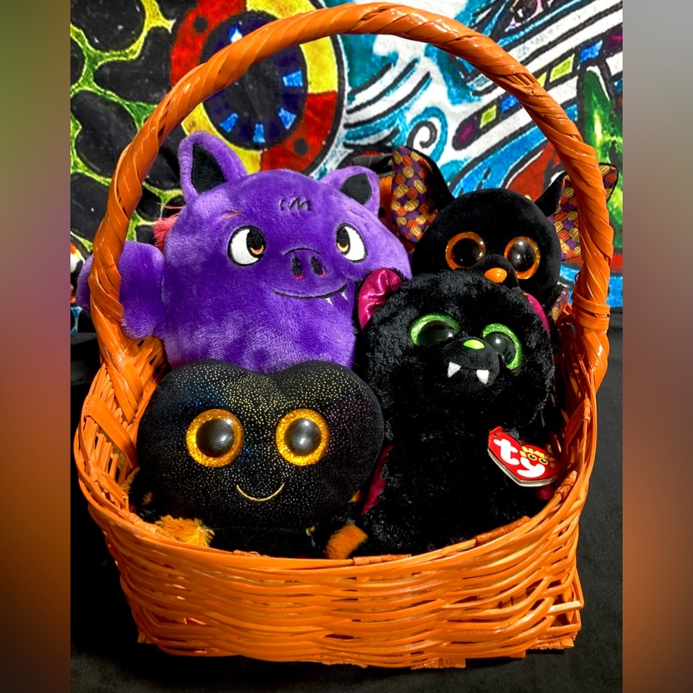 Halloween Plush Bat Spider Assortment in Vintage Orange Witch Basket